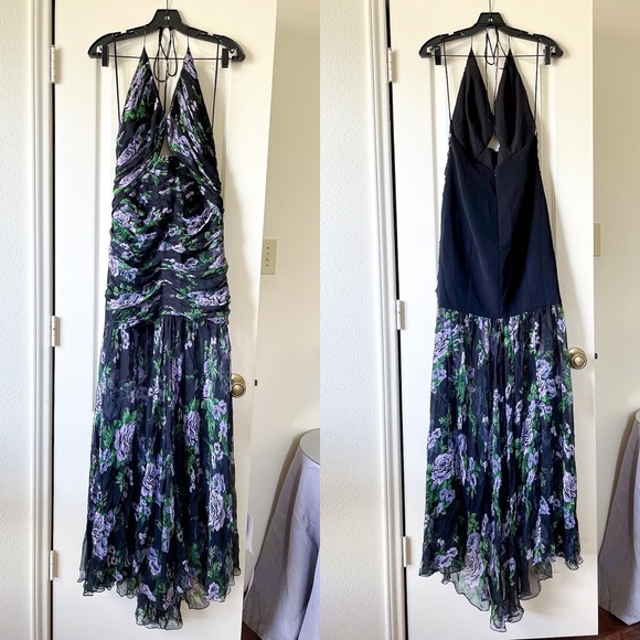 Carolina Herrera Floral Silk Chiffon Cutout Halter Maxi Gown Black Multi 4 NWT - Picture 2 of 10